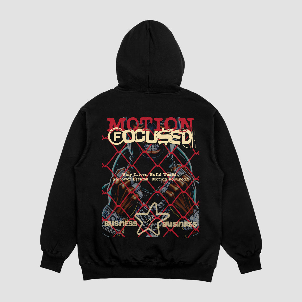 "Motion Focused Business Graphic Hoodie in black with a bold red and gold motivational design on the back and sleek front logo."