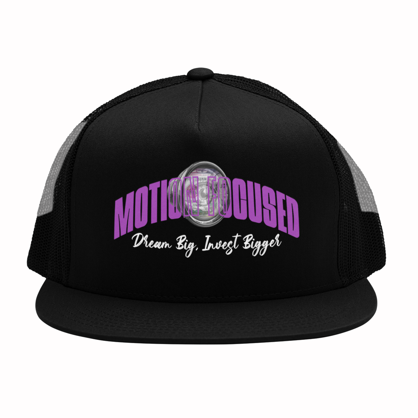 Motion Focused Dream Big, Invest Bigger Flat bill Trucker Hat Black and Purple