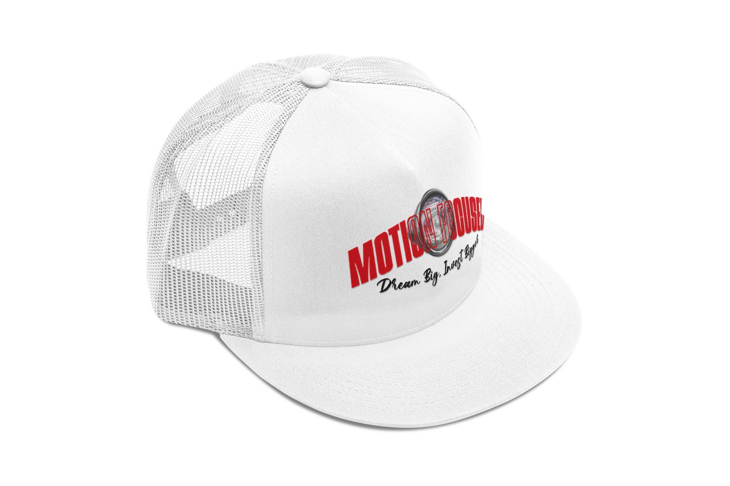 Motion Focused Dream Big, Invest Bigger Flat bill Trucker Hat White and Red