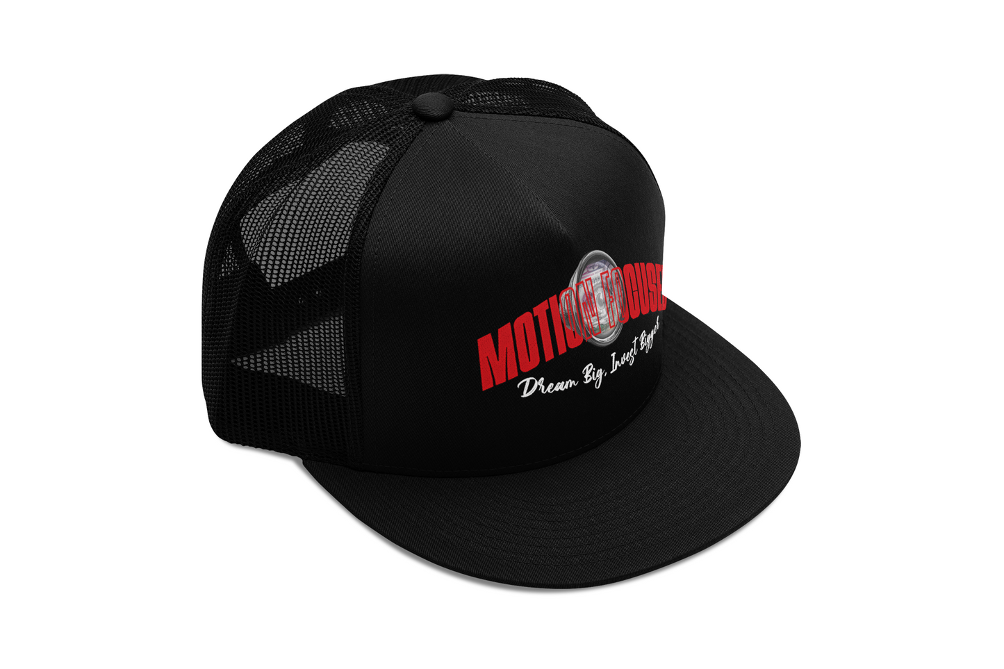 Motion Focused Dream Big, Invest Bigger Flat bill Trucker Hat Black and Red