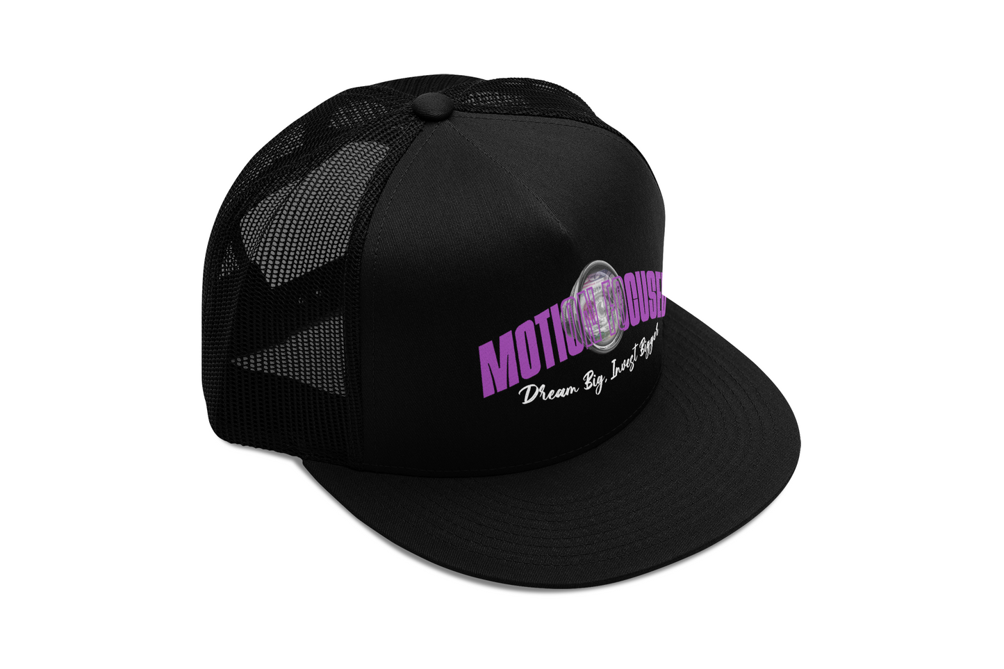 Motion Focused Dream Big, Invest Bigger Flat bill Trucker Hat Black and Purple