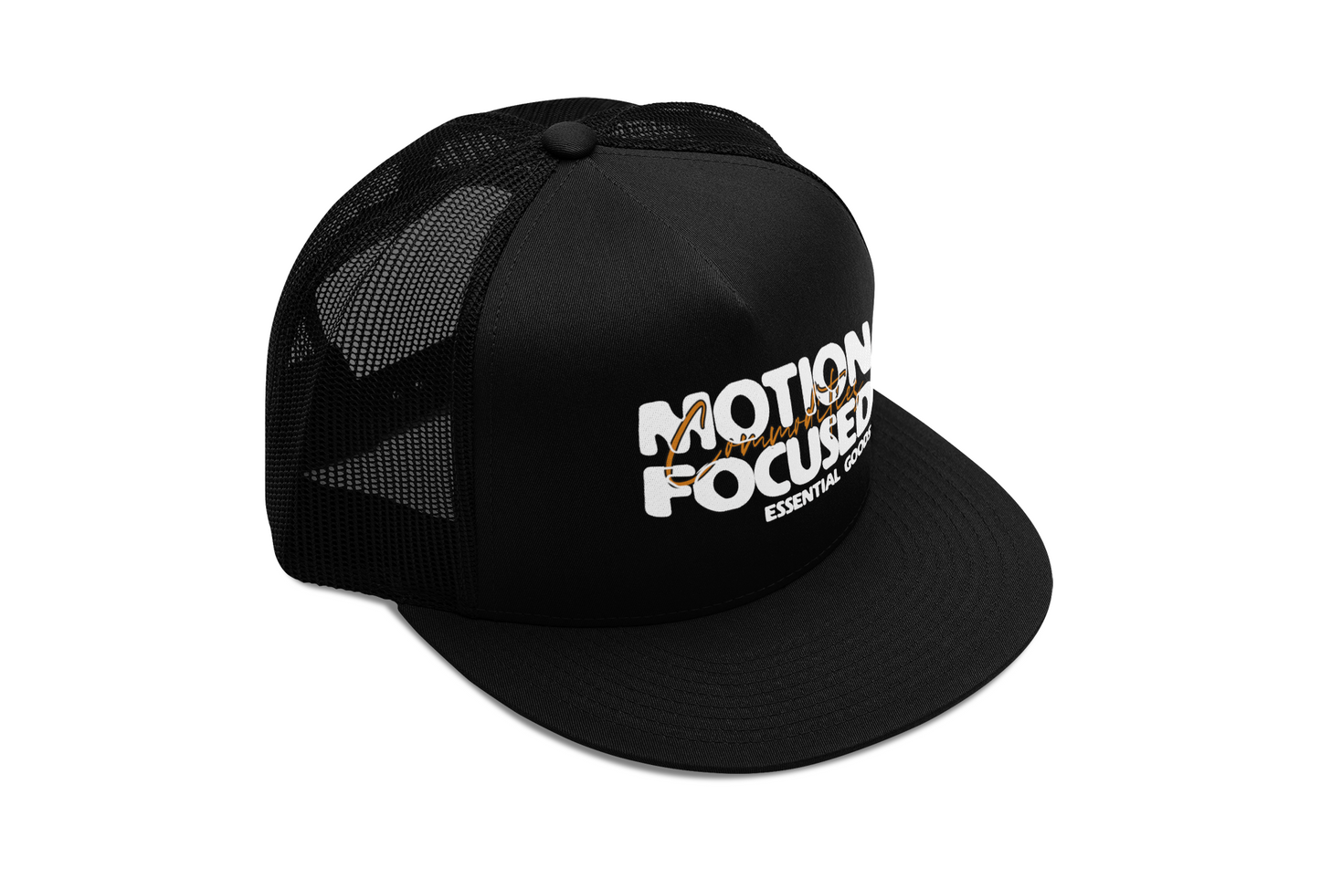 Motion Focused Commodities Flat bill Trucker Hat Black, White and Orange