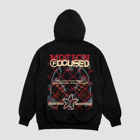 "Motion Focused Business Graphic Hoodie in black with a bold red and gold motivational design on the back and sleek front logo."