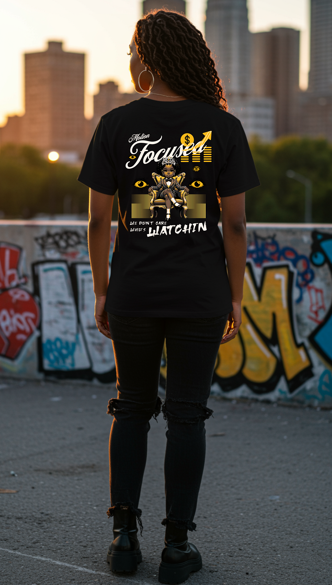 We Don't Care Who's Watchin Women's t shirt Black and Gold