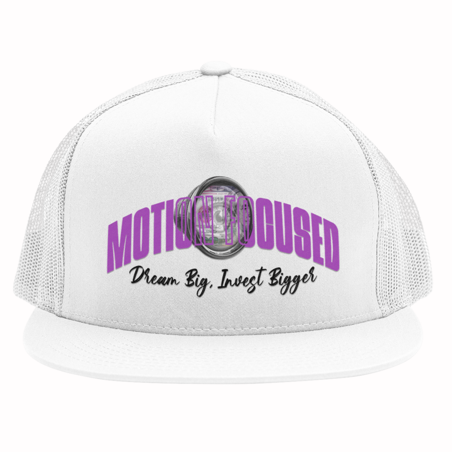 Motion Focused Dream Big, Invest Bigger Flat bill Trucker Hat White and Purple