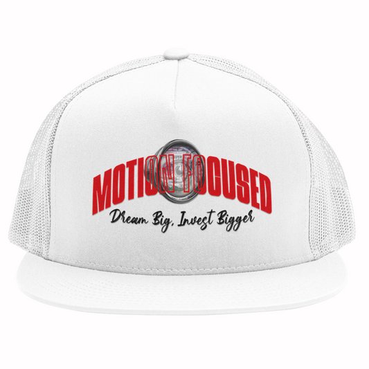 Motion Focused Dream Big, Invest Bigger Flat bill Trucker Hat White and Red