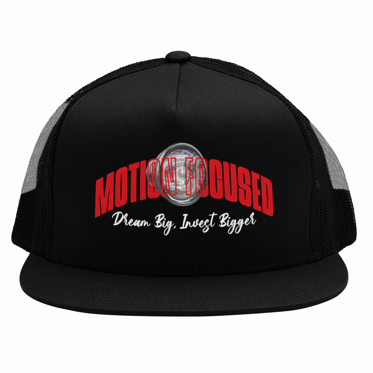 Motion Focused Dream Big, Invest Bigger Flat bill Trucker Hat Black and Red