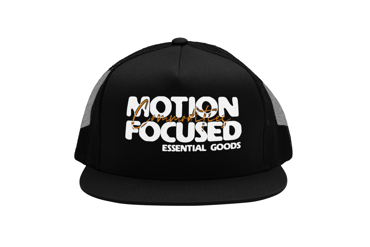Motion Focused  Commodities Flat bill Trucker Hat Black, White and Orange