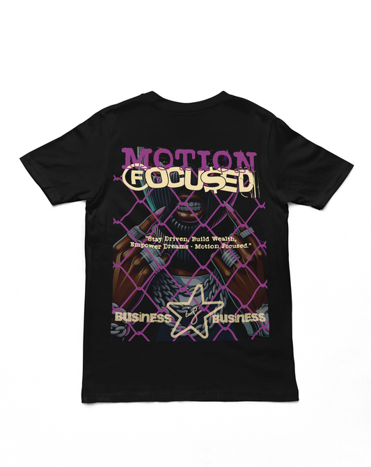 "Motion Focused Business Graphic T-Shirt in black, featuring a motivational wealth-focused design on the back with bold purple and gold accents."