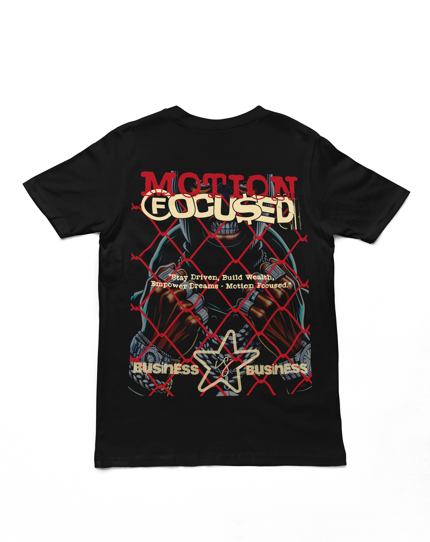 "Motion Focused Business Graphic T-Shirt in black with a bold red and gold motivational design on the back and sleek logo on the front."