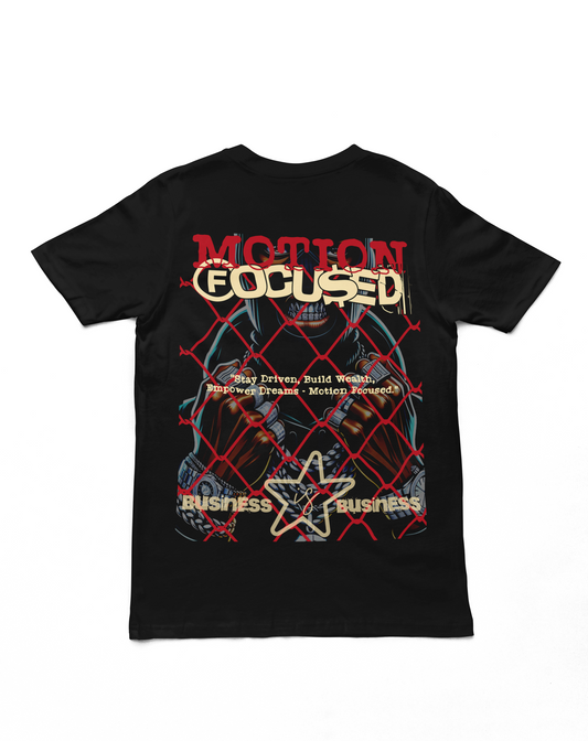 "Motion Focused Business Graphic T-Shirt in black with a bold red and gold motivational design on the back and sleek logo on the front."