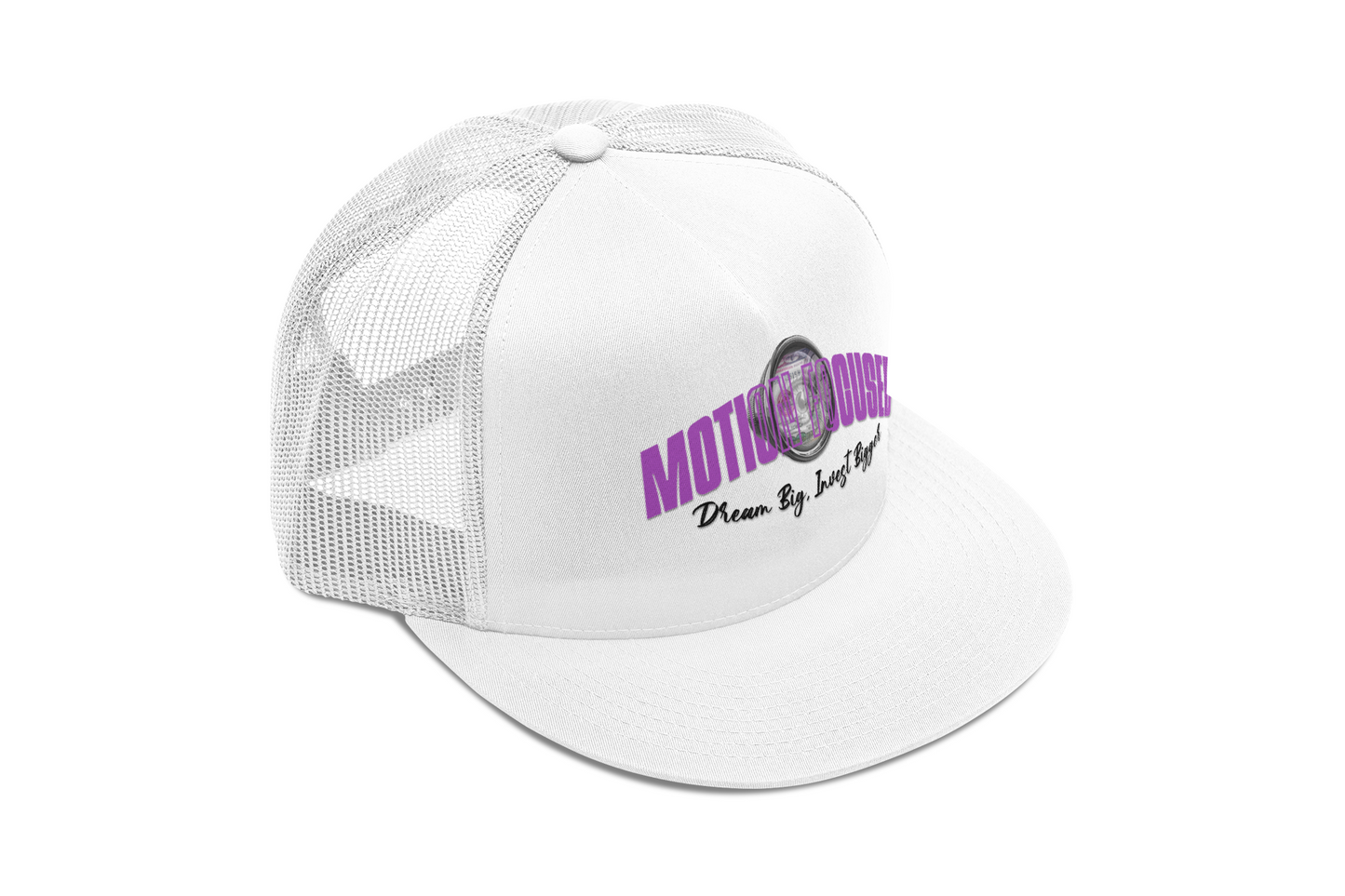 Motion Focused Dream Big, Invest Bigger Flat bill Trucker Hat White and Purple